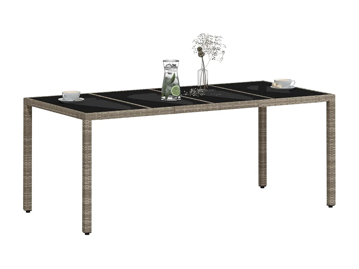 Tuintafel met glazen blad 190x90x75 cm poly rattan lichtgrijs