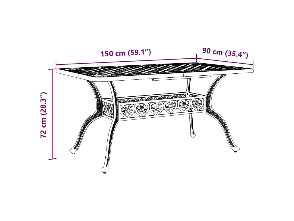Table de jardin bronze 150x90x72 cm aluminium coulé