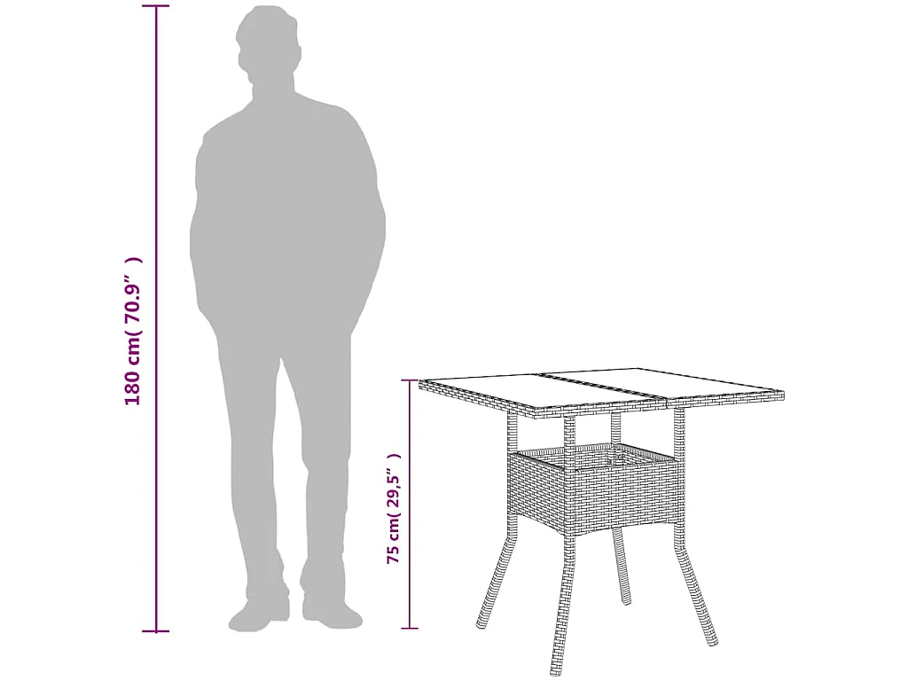 Table de jardin dessus en verre noir 80x80x75 cm résine tressée