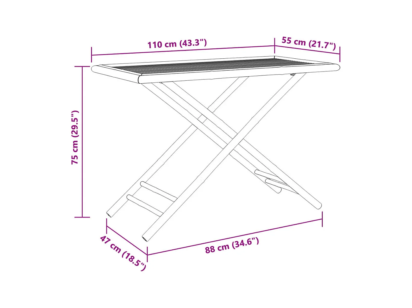Mesa de jardín plegable de bambú 110x55x75 cm