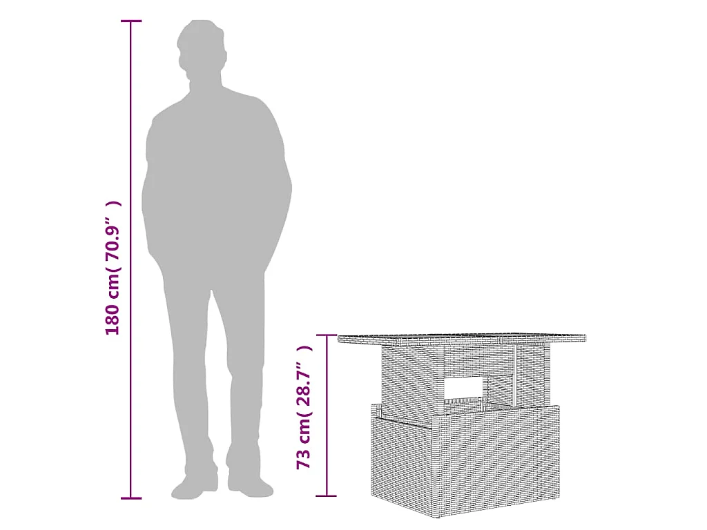 Table de jardin dessus en verre gris 100x55x73cm résine tressée