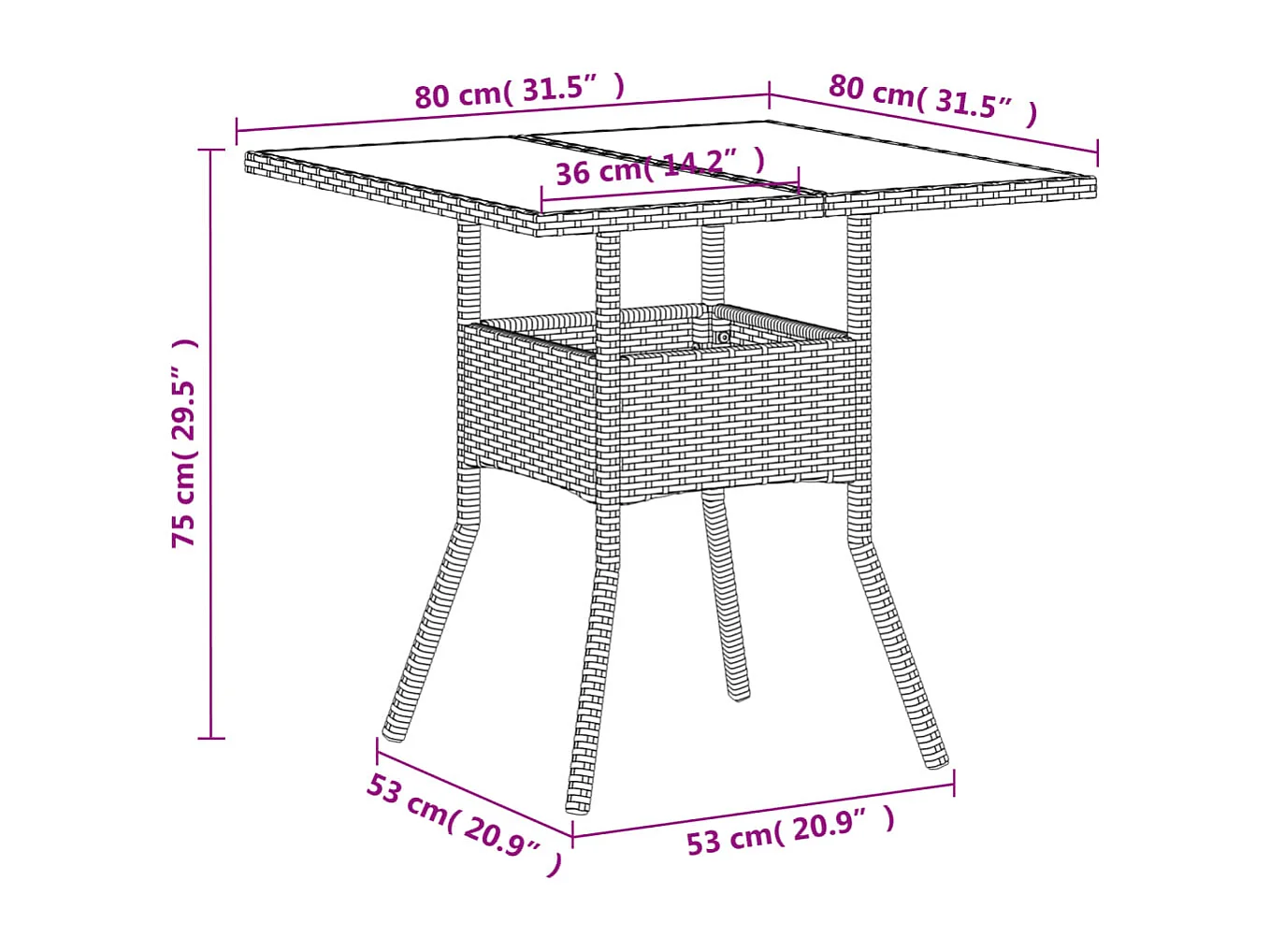 Gartentisch mit Glasplatte Weiß 80x80x75 cm Poly Rattan