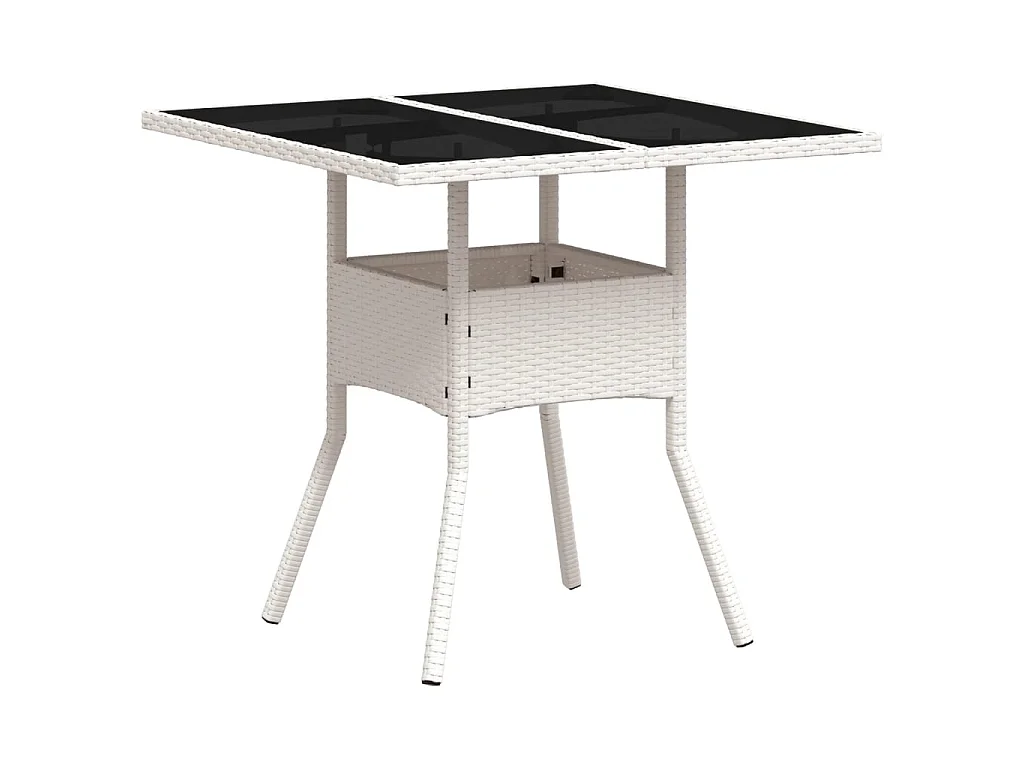 Stół ogrodowy z białym plecionym rattanem i blatem ze szkła 80x80x75cm