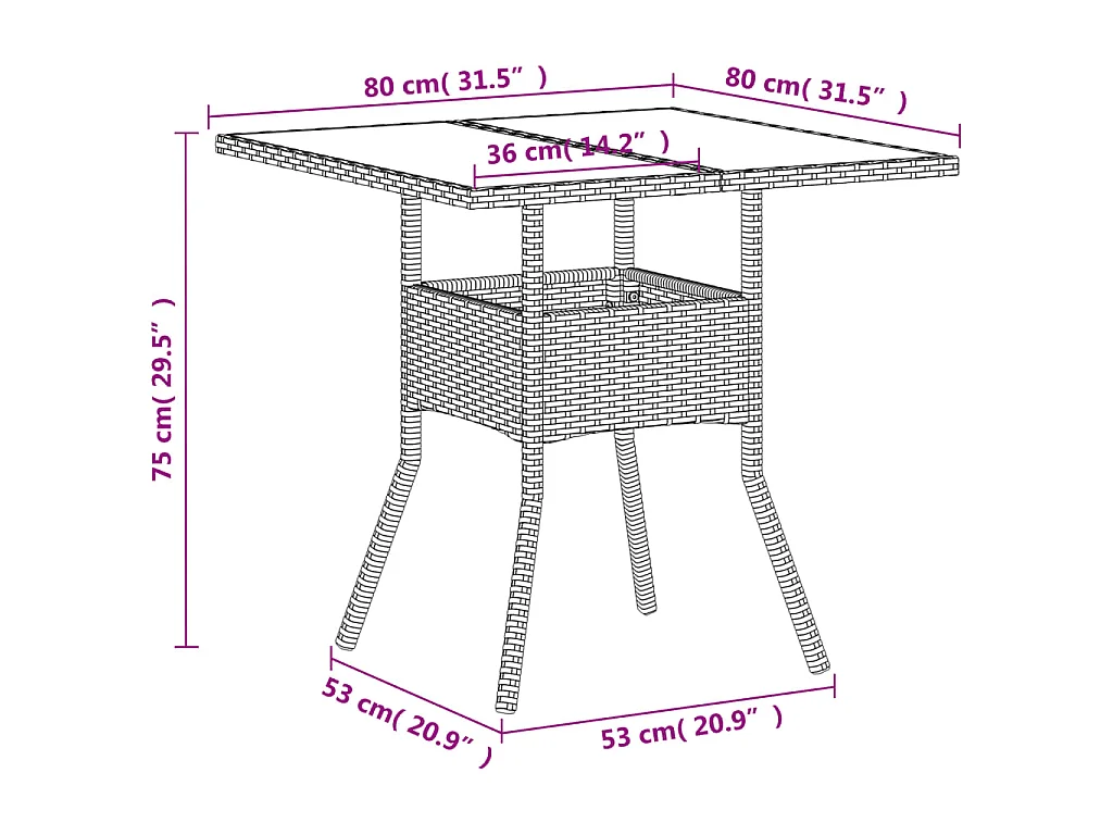 Stół ogrodowy z białym plecionym rattanem i blatem ze szkła 80x80x75cm