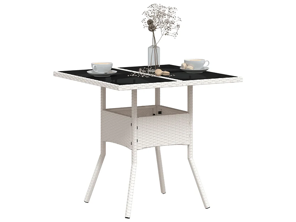 Stół ogrodowy z białym plecionym rattanem i blatem ze szkła 80x80x75cm