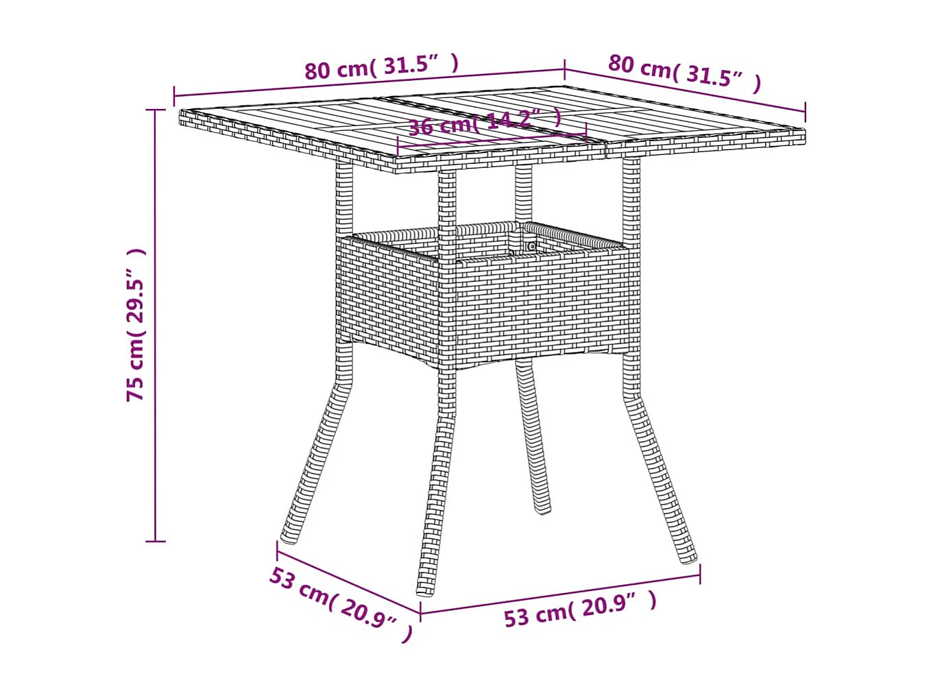 Table de jardin beige 80x80x75 cm résine tressée et bois acacia