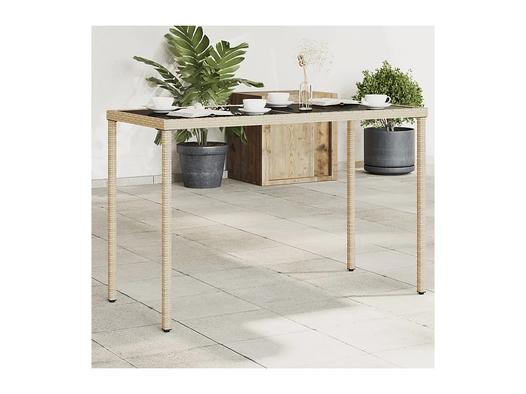 Table de jardin dessus en verre beige 115x54x74 cm poly rotin