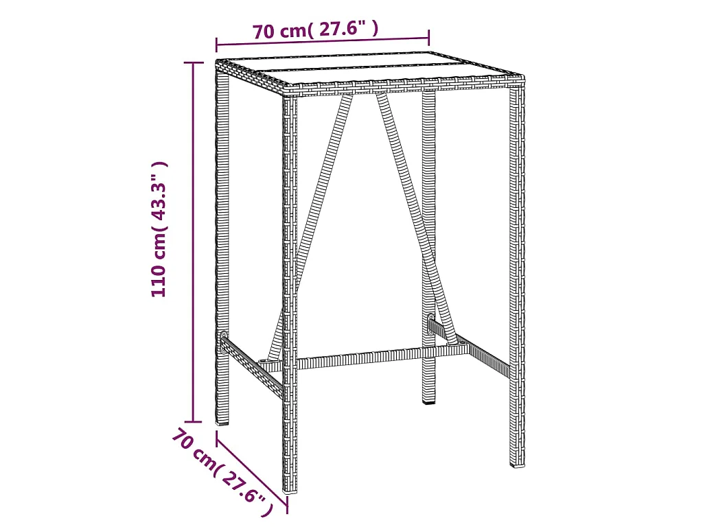 Table de bar et dessus en verre noir 70x70x110 cm poly rotin