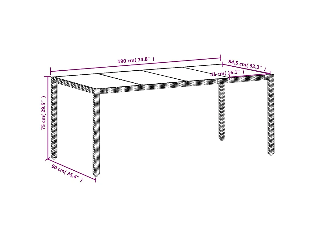 Gartentisch mit Glasplatte Weiß 190x90x75 cm Poly Rattan