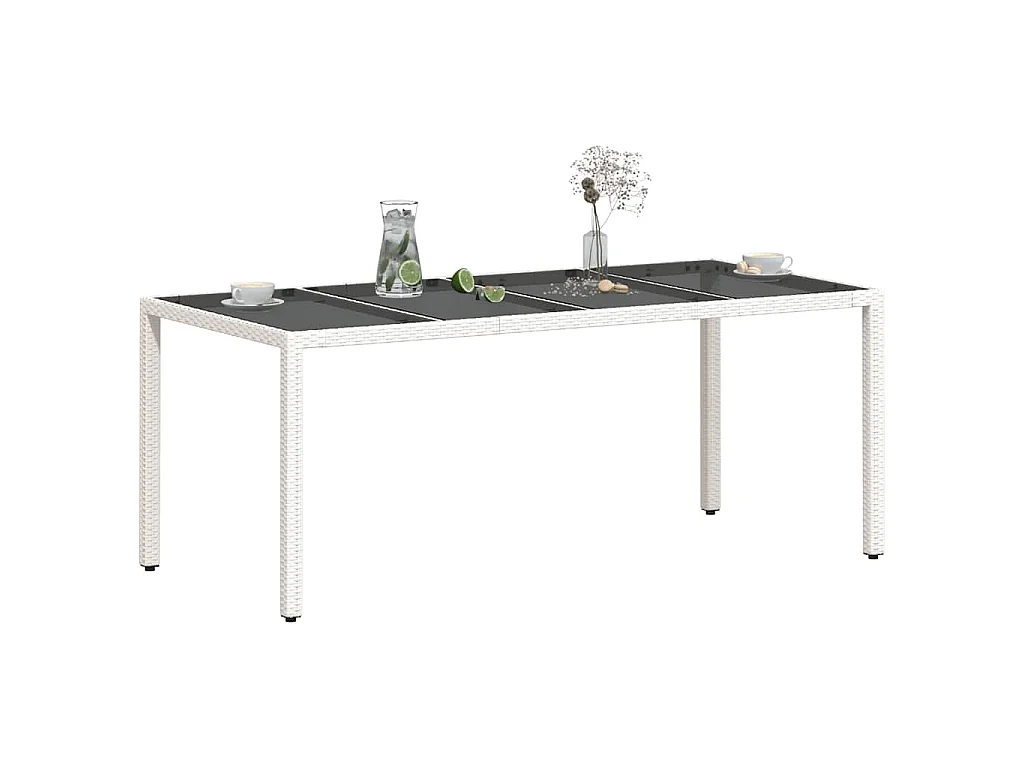 Gartentisch mit Glasplatte Weiß 190x90x75 cm Poly Rattan