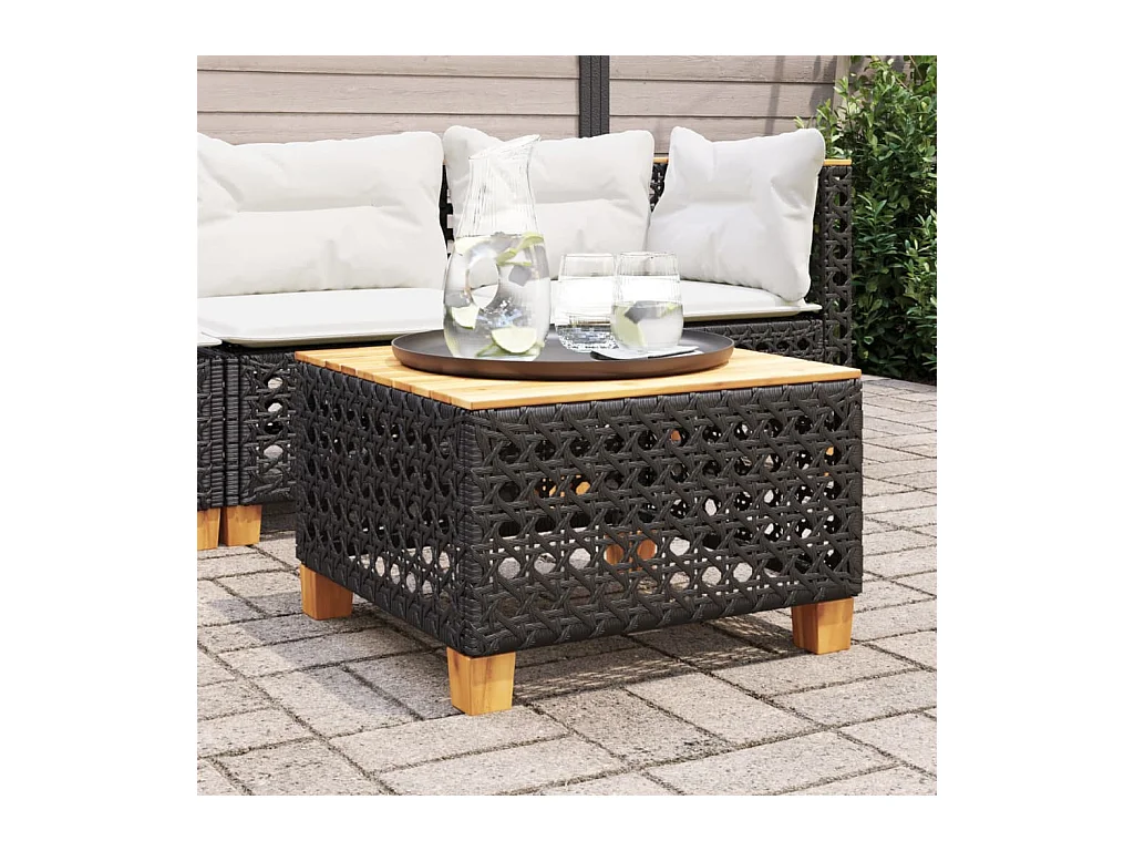 Table de jardin noir 55x55x36 cm résine tressée et bois acacia