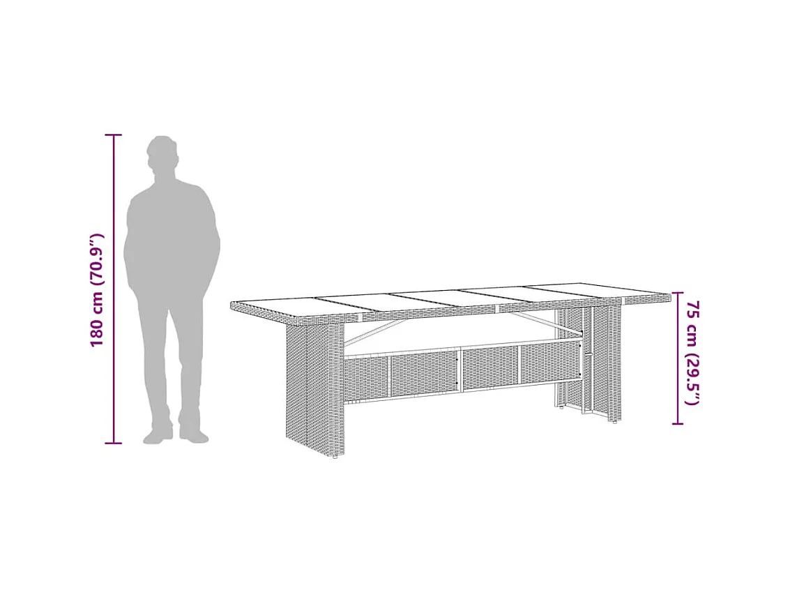 Table de jardin dessus en verre noir 240x90x75cm résine tressée