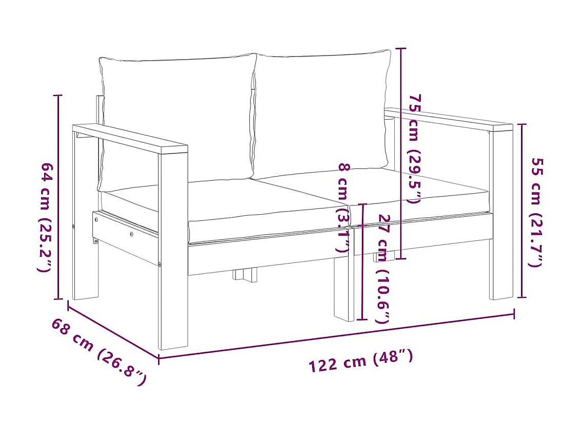 Gartensofa mit Kissen 2-Sitzer Massivholz Akazie