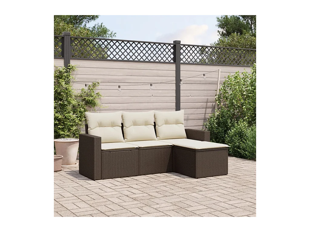Set Divano da Giardino 4 pz con Cuscini Marrone in Polyrattan