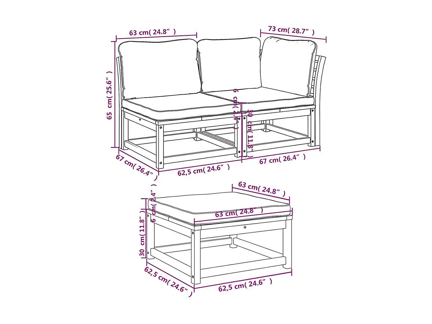 Salon de jardin 3 pcs avec coussins bois massif d'acacia