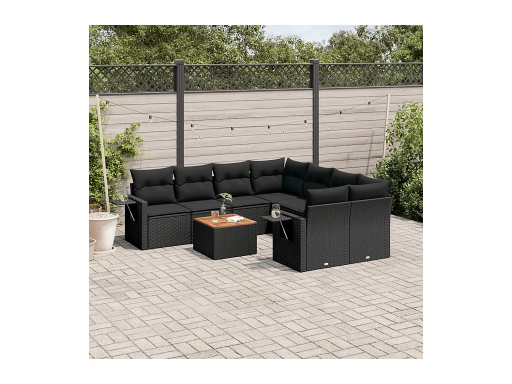 Salon de jardin 9 pcs avec coussins noir résine tressée