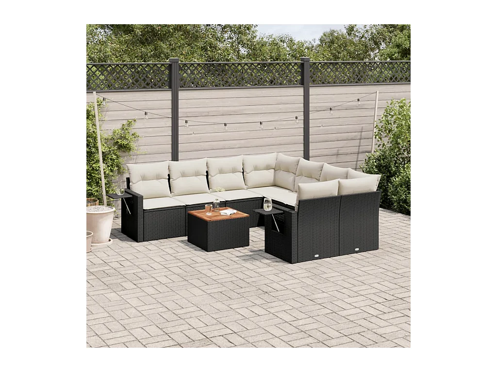 9-tlg. Garten-Sofagarnitur mit Kissen Schwarz Poly Rattan