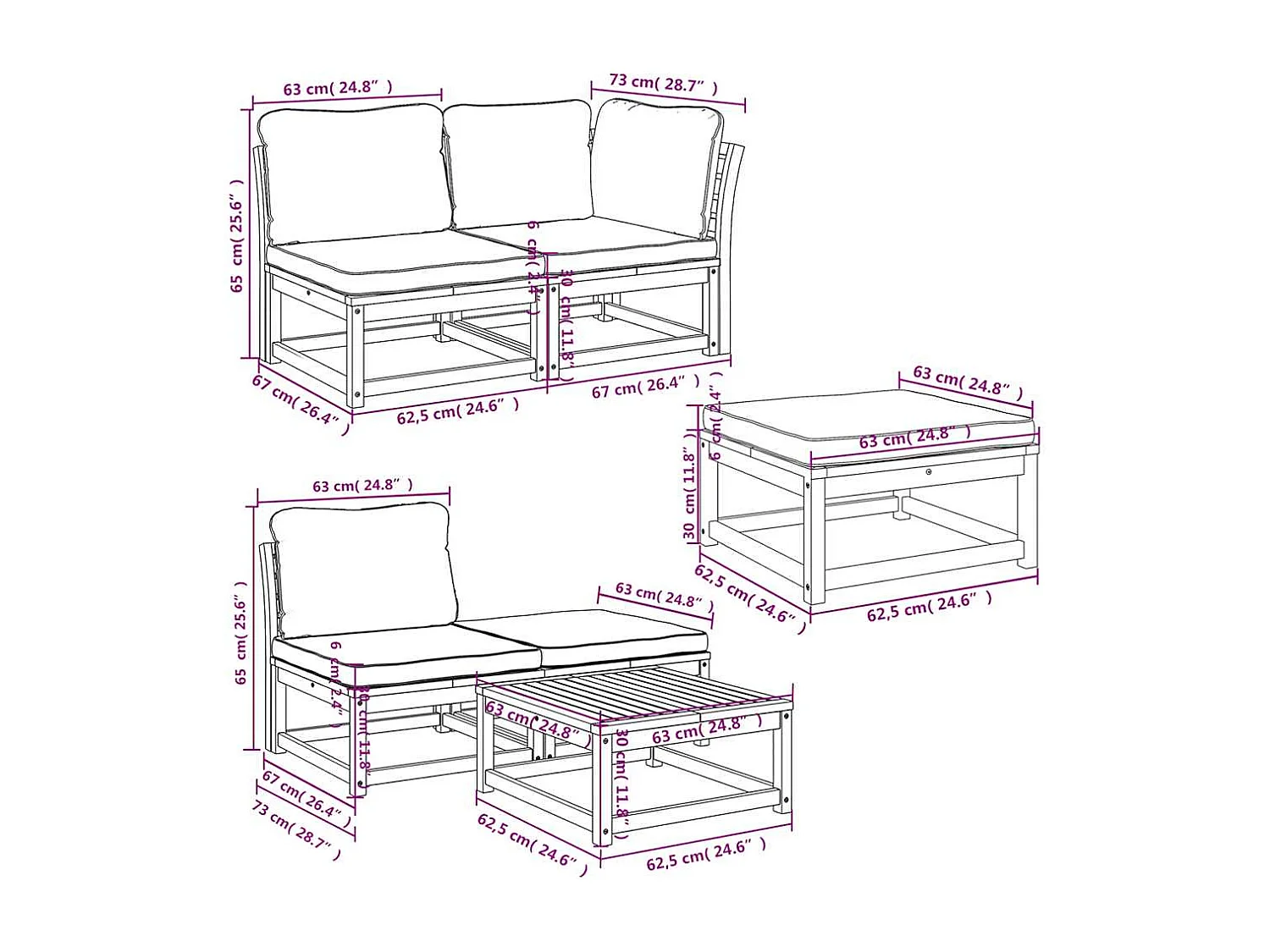 Salon de jardin 6 pcs avec coussins bois d'acacia solide