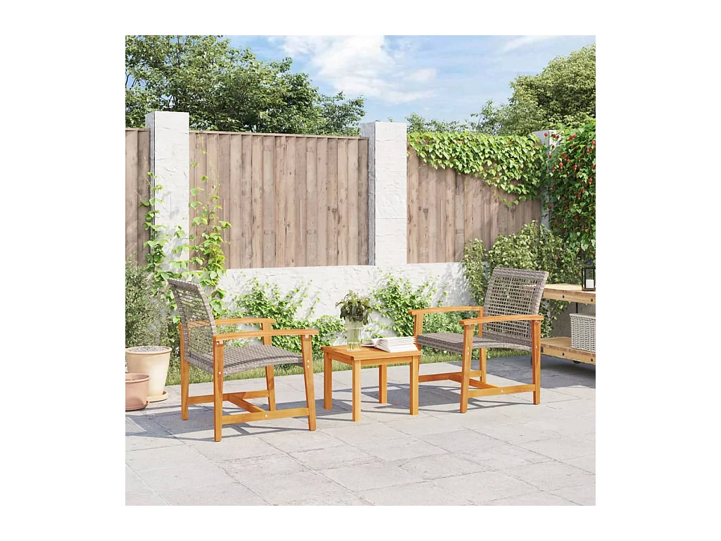 3-tlg. Bistro-Set Grau Poly Rattan und Akazienholz