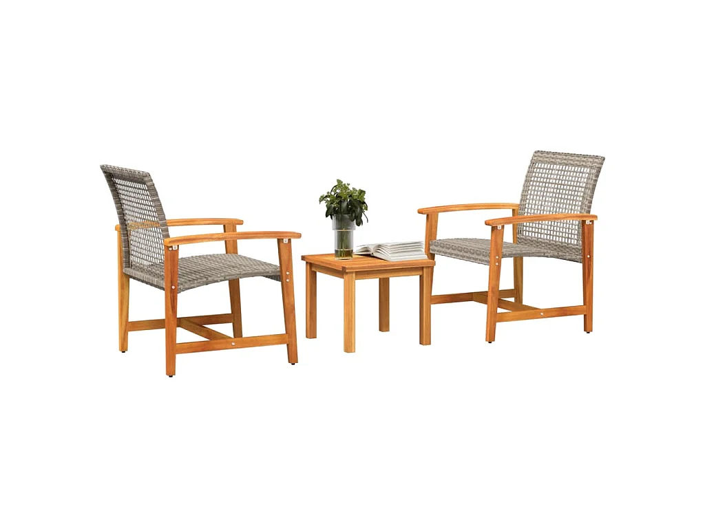 3-tlg. Bistro-Set Grau Poly Rattan und Akazienholz