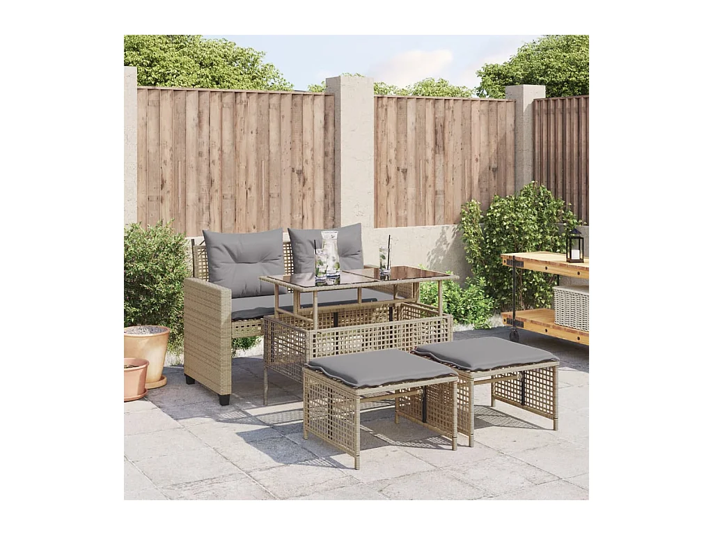 4-delige Loungeset met kussens poly rattan en glas beige