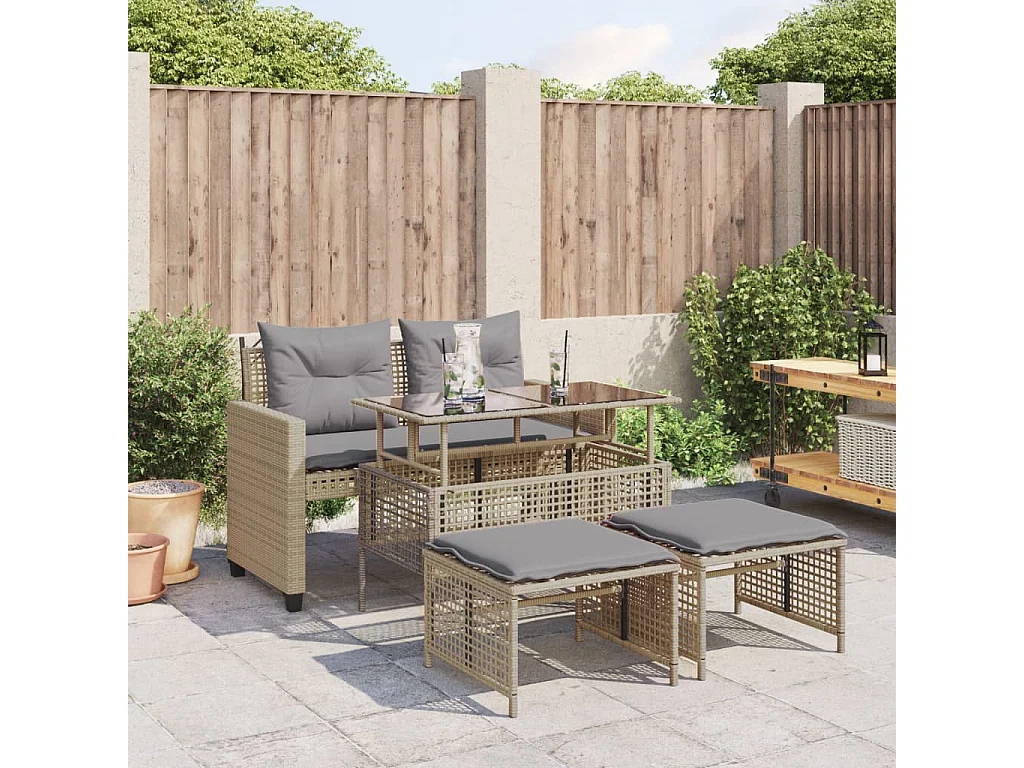 Salon de jardin avec coussins 4 pcs beige résine tressée verre