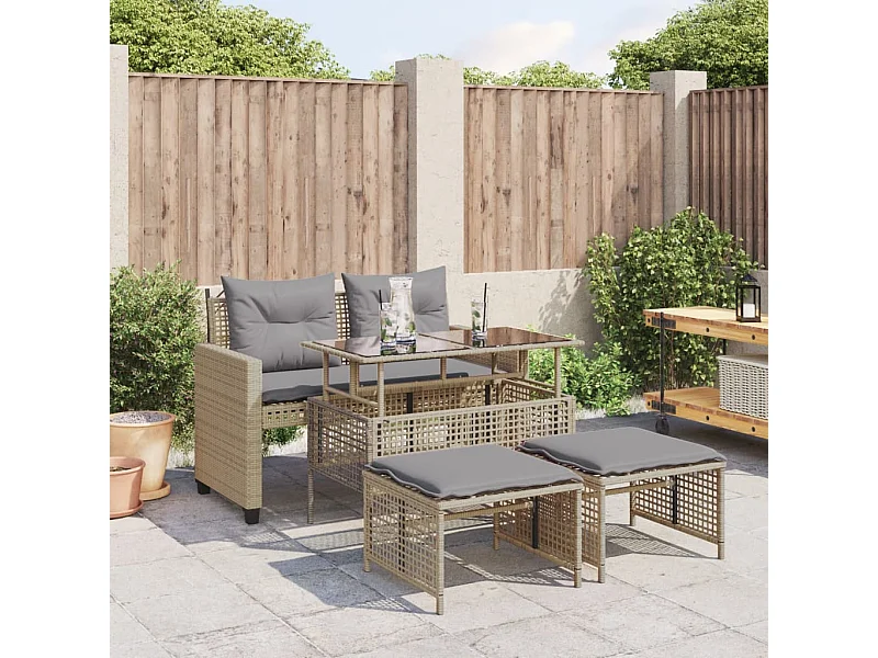 4pcs conj. de sofás para jardim c/almofadões vime PE/vidro bege