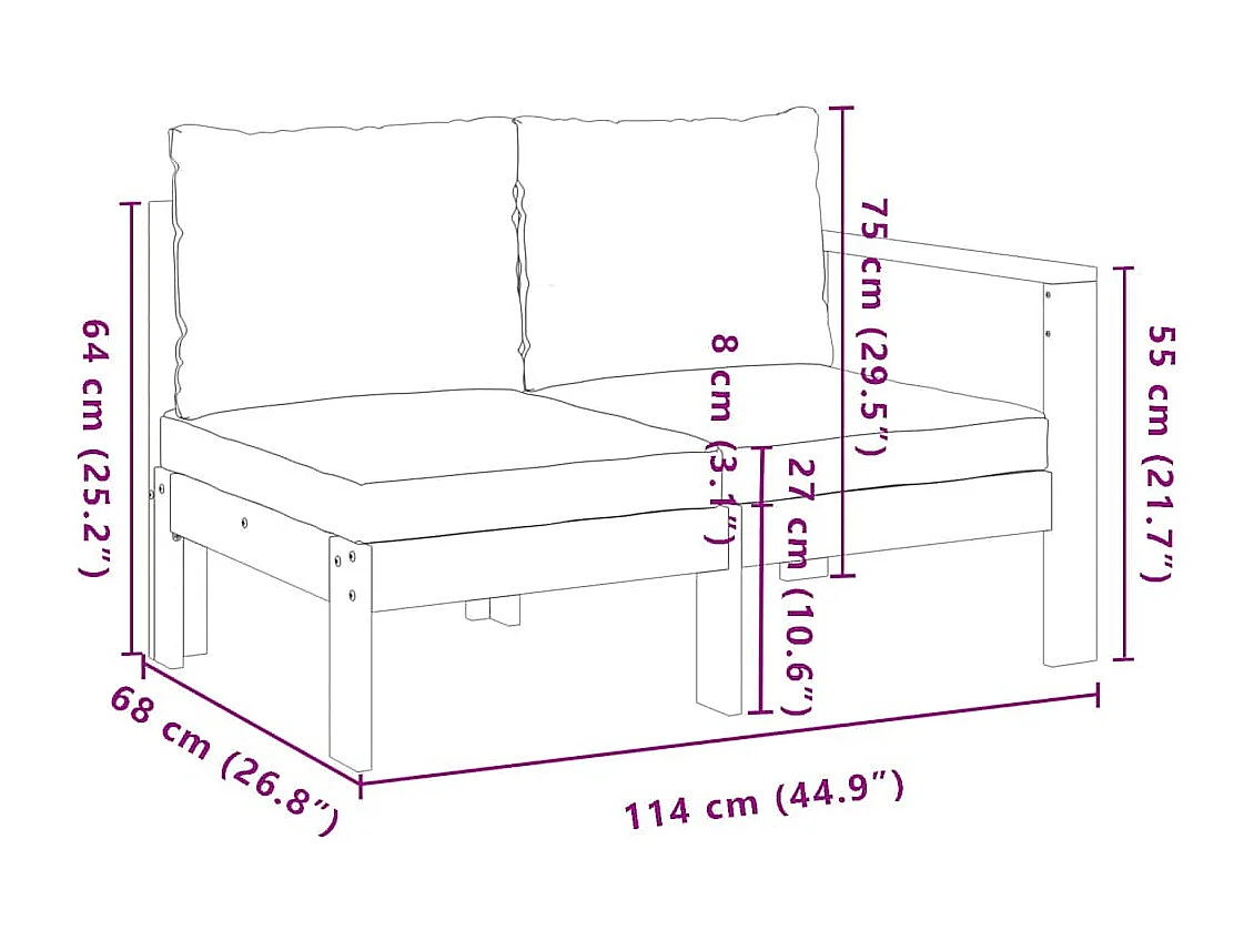 Sofá de jardín con 1 reposabrazos 2 plazas madera maciza acacia