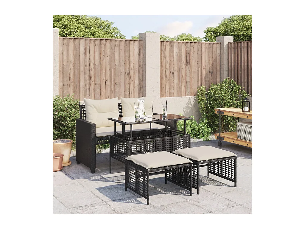 Salon de jardin avec coussins 4 pcs noir résine tressée verre