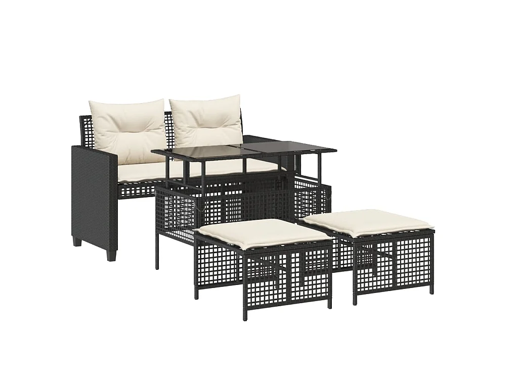 4 pcs conj. sofás p/ jardim c/ almofadões vime PE/vidro preto
