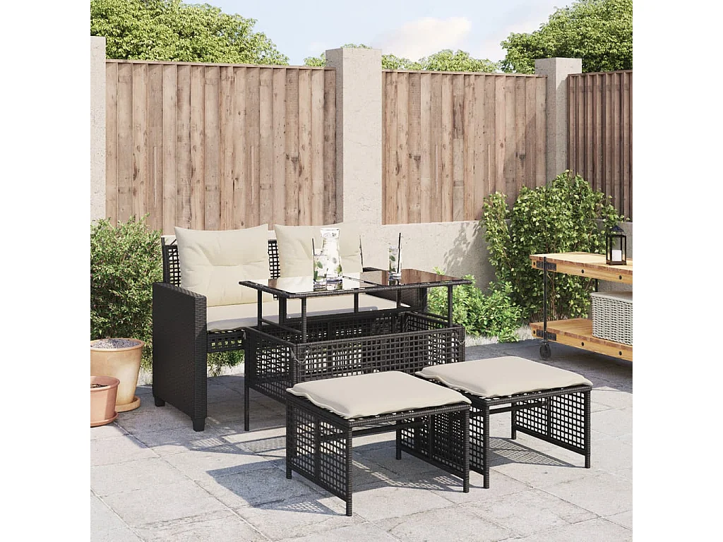 4 pcs conj. sofás p/ jardim c/ almofadões vime PE/vidro preto