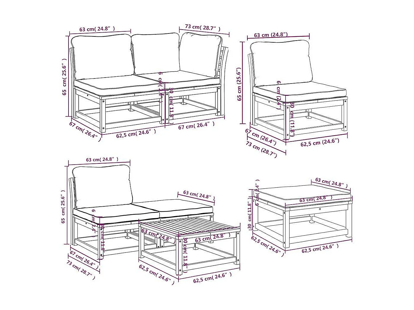 11pcs conjunto lounge jardim c/almofadões madeira maciça acácia