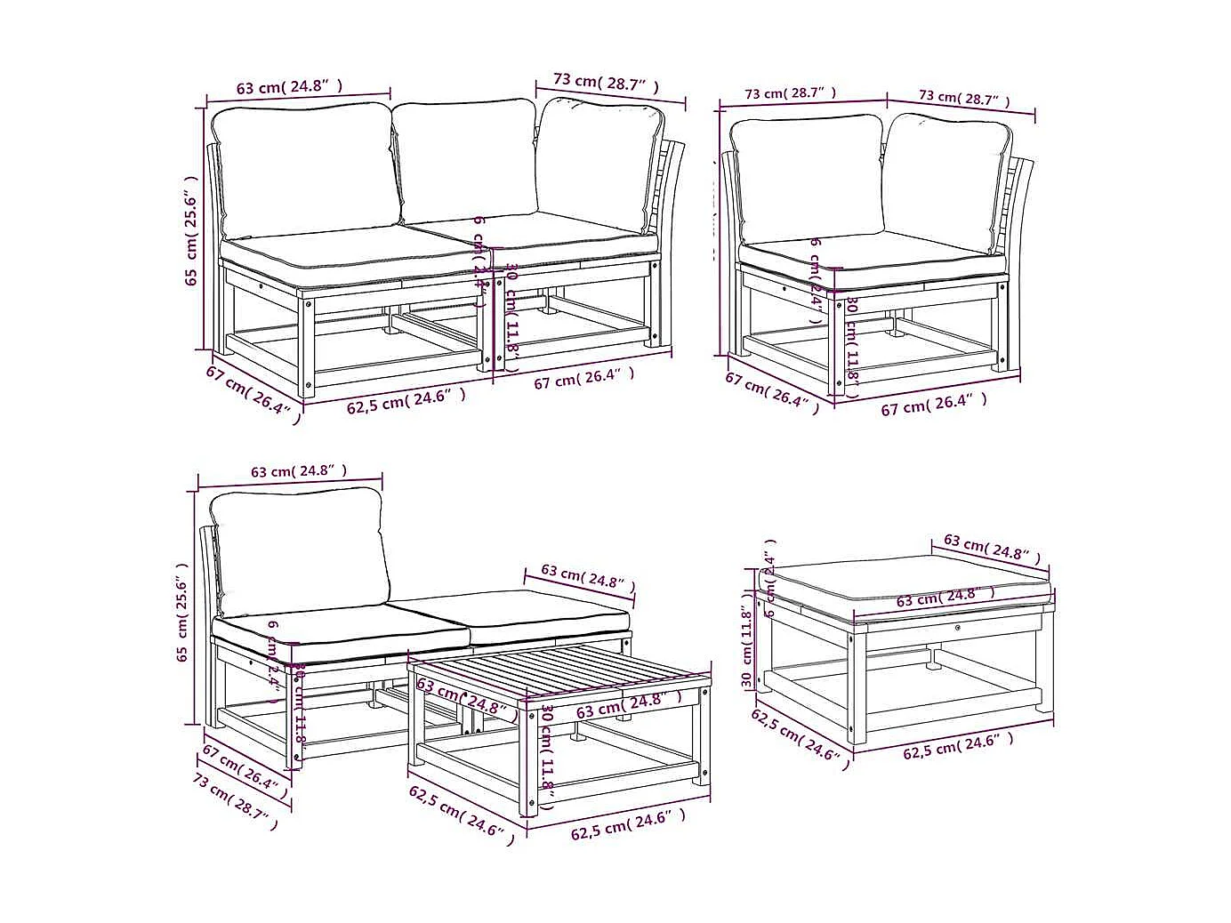 Modularny zestaw mebli ogrodowych z litego drewna akacjowego z poduszkami zapewniającymi wygodne siedzenie