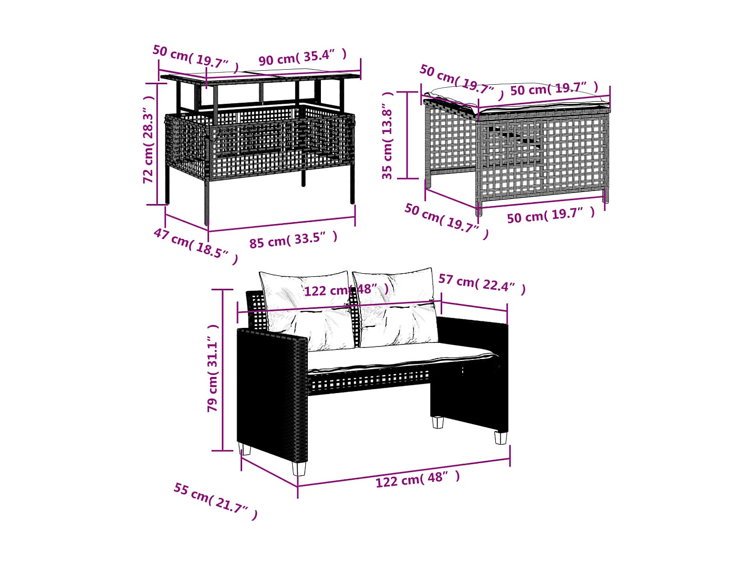 4-delige Loungeset met kussens poly rattan en glas lichtgrijs