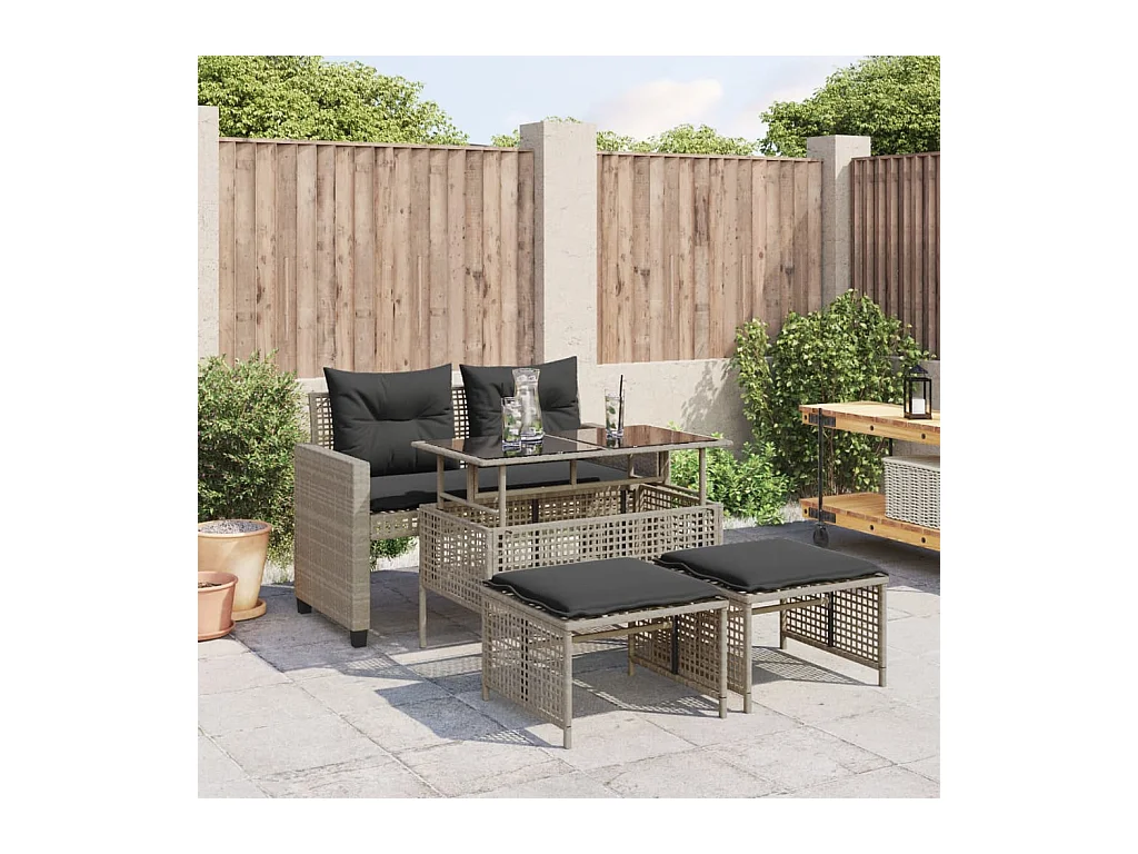 Salon de jardin avec coussins 4 pcs gris clair poly rotin verre