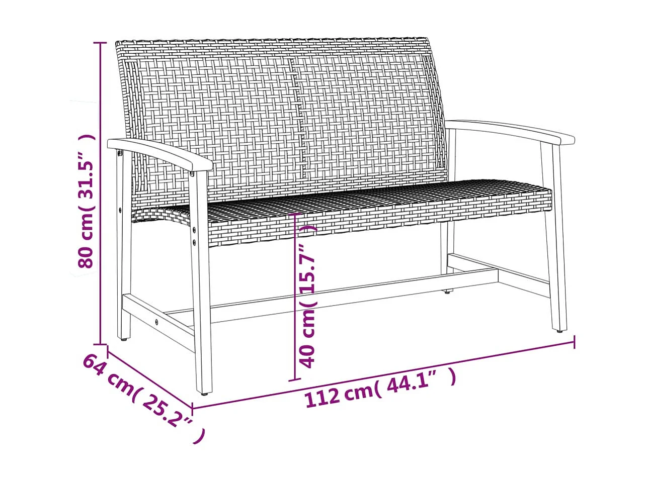 Banc de jardin noir 112 cm résine tressée et bois d'acacia