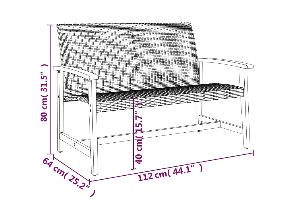 Banc de jardin noir 112 cm résine tressée et bois d'acacia