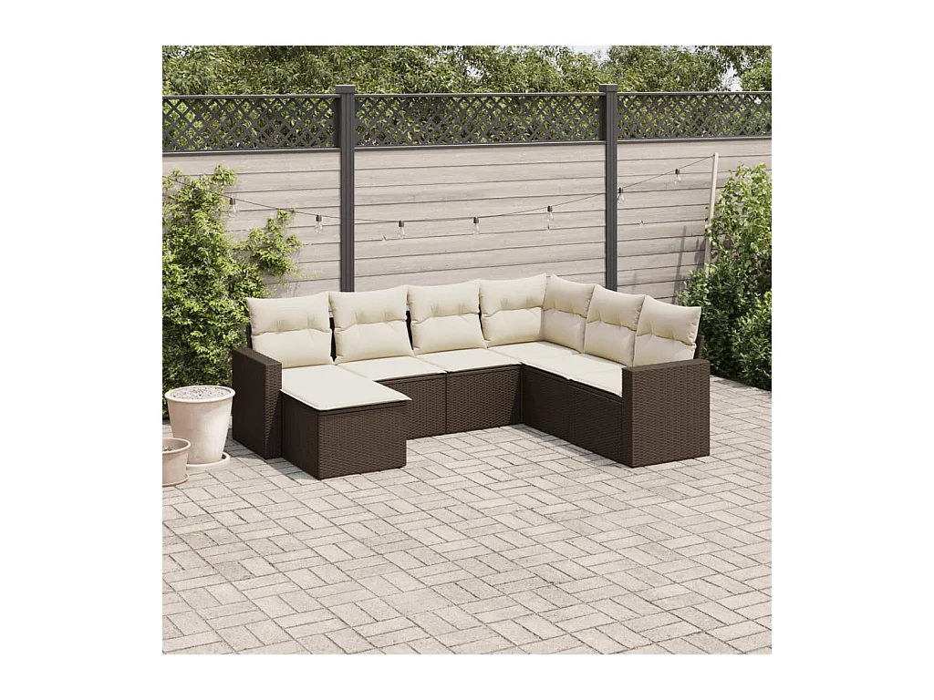 7-delige Loungeset met kussens poly rattan bruin