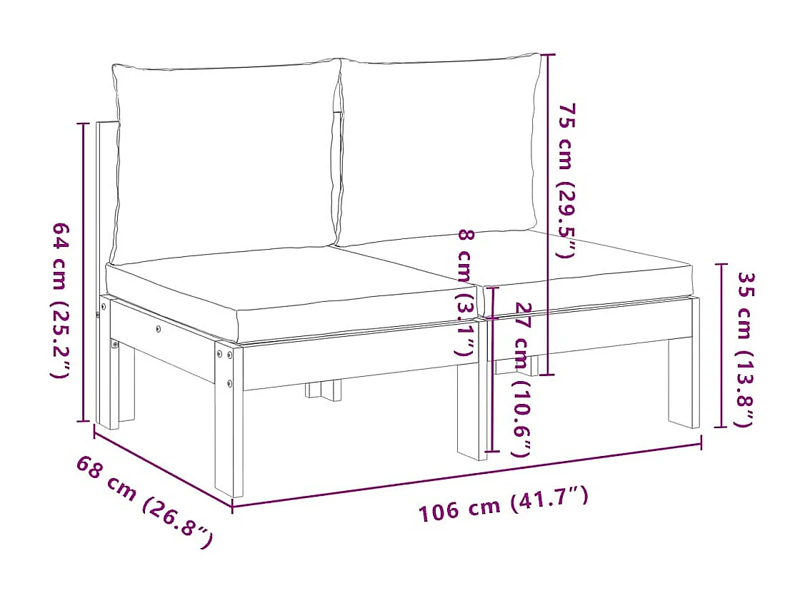 Canapé de jardin sans accoudoirs coussins 2 places bois acacia