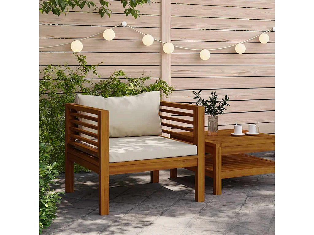 Sedia da Giardino con Cuscino Crema in Legno Massello di Acacia