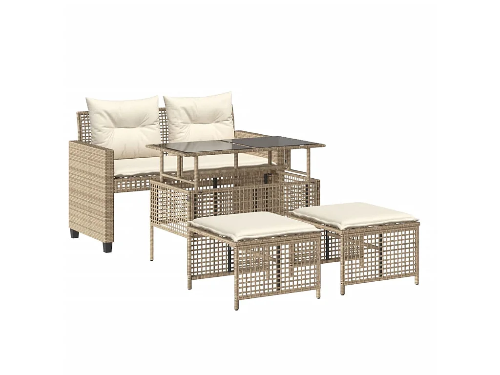 Salon de jardin avec coussins 4 pcs beige résine tressée verre