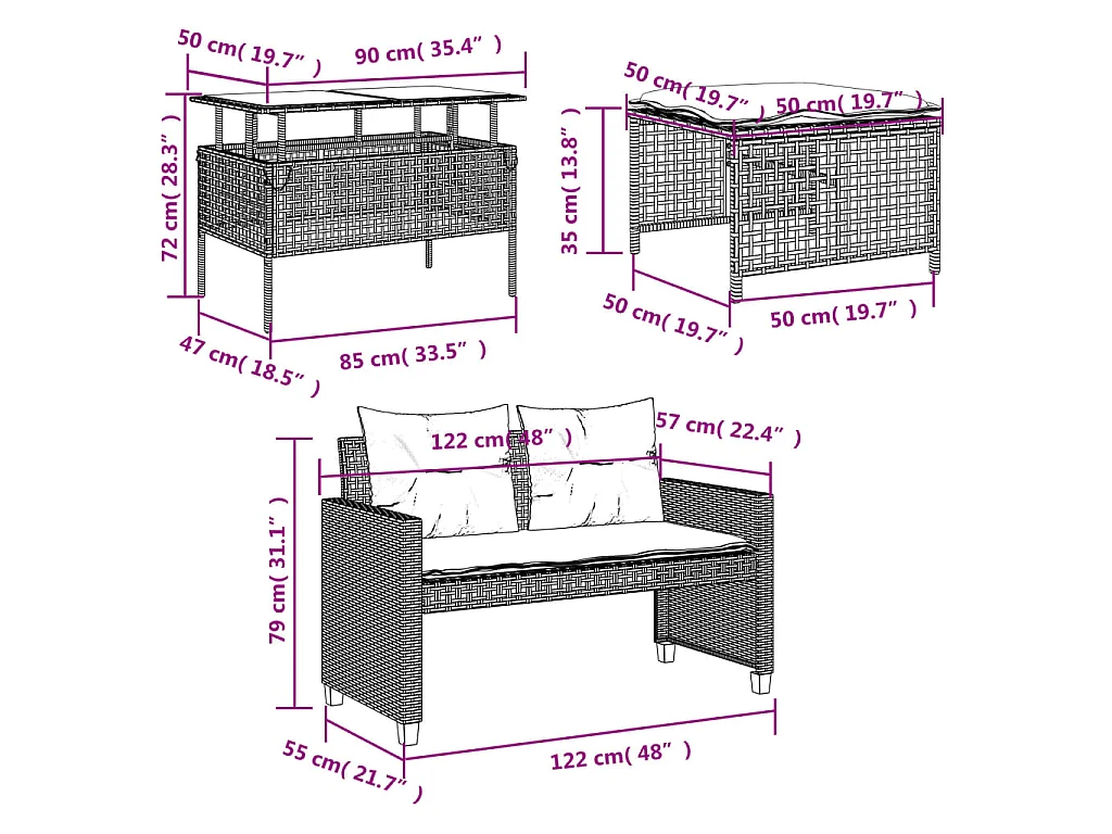 Salon de jardin avec coussins 4 pcs beige résine tressée verre