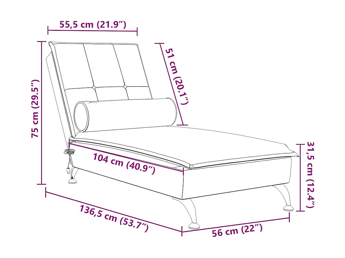 Chaise lounge de massagem com rolo veludo cinzento-claro