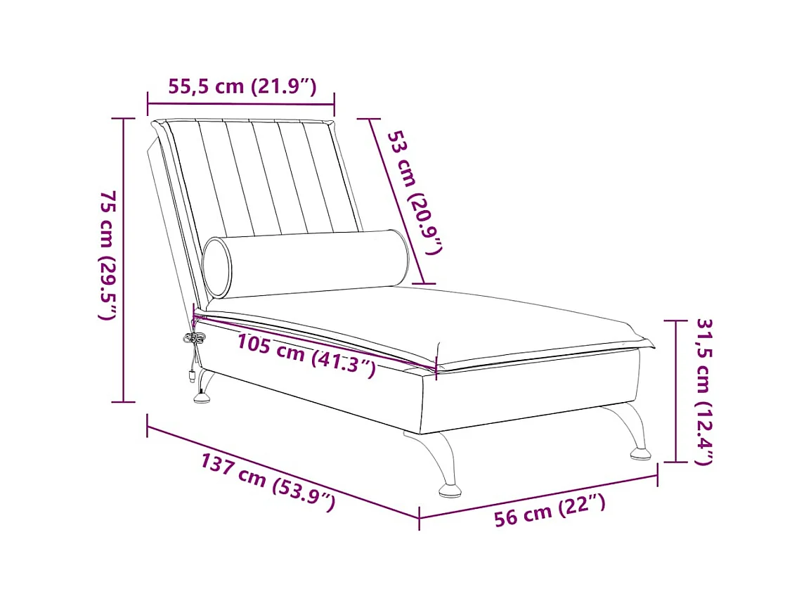 Chaise Longue Massaggi con Cuscino a Rullo Rosso Vino Velluto