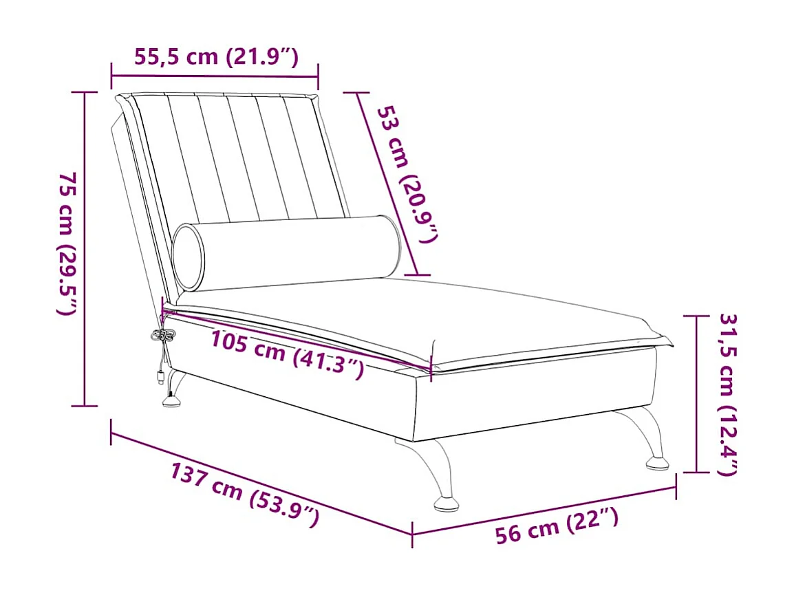 Chaise longue de massage avec traversin rouge bordeaux velours