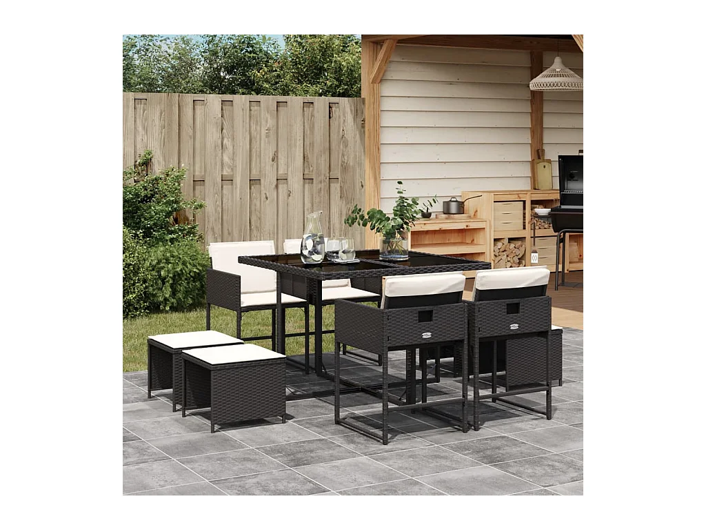 Ensemble à manger de jardin 9pcs coussins noir résine tressée