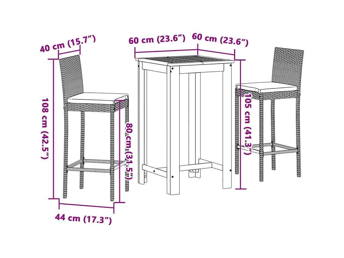 3-tlg. Gartenbar-Set Grau Massivholz Akazie und Poly Rattan
