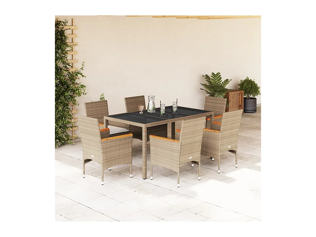 Set da Pranzo da Giardino 7 pz con Cuscini Polyrattan e Vetro