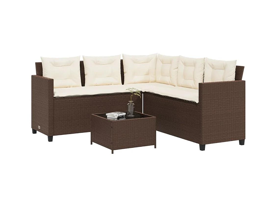 Canapé de jardin avec table et coussins en forme de L marron