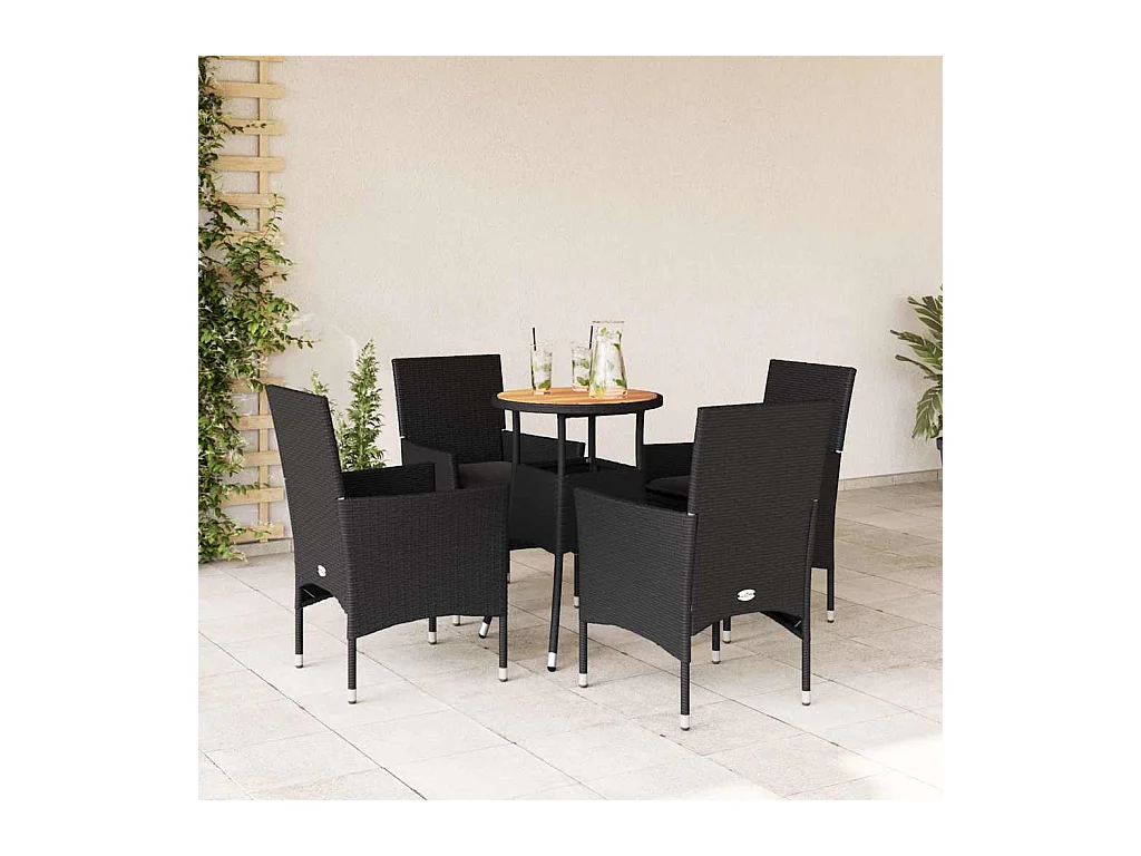 Ensemble à manger de jardin et coussins 5 pcs noir rotin acacia